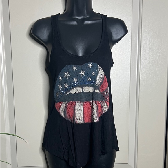 Papaya Tops - Papaya Black Tank Top with American Flag Lips Design